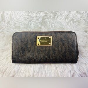 Signature Michael Kors Dark Brown Zipper Wallet with Gold Accent